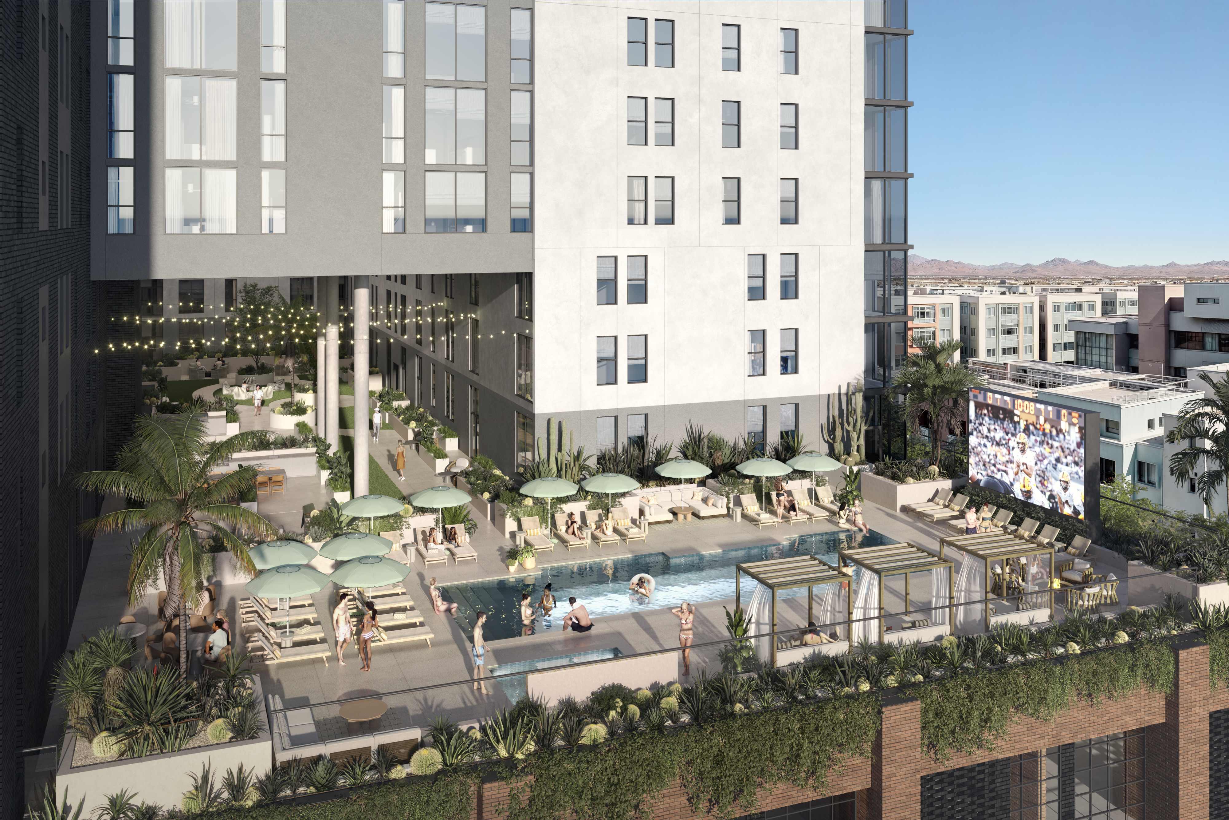 Enjoy stunning Tempe skyline views from Rambler Tempe’s rooftop pool deck, with sun chairs and a hot tub for ultimate relaxation.