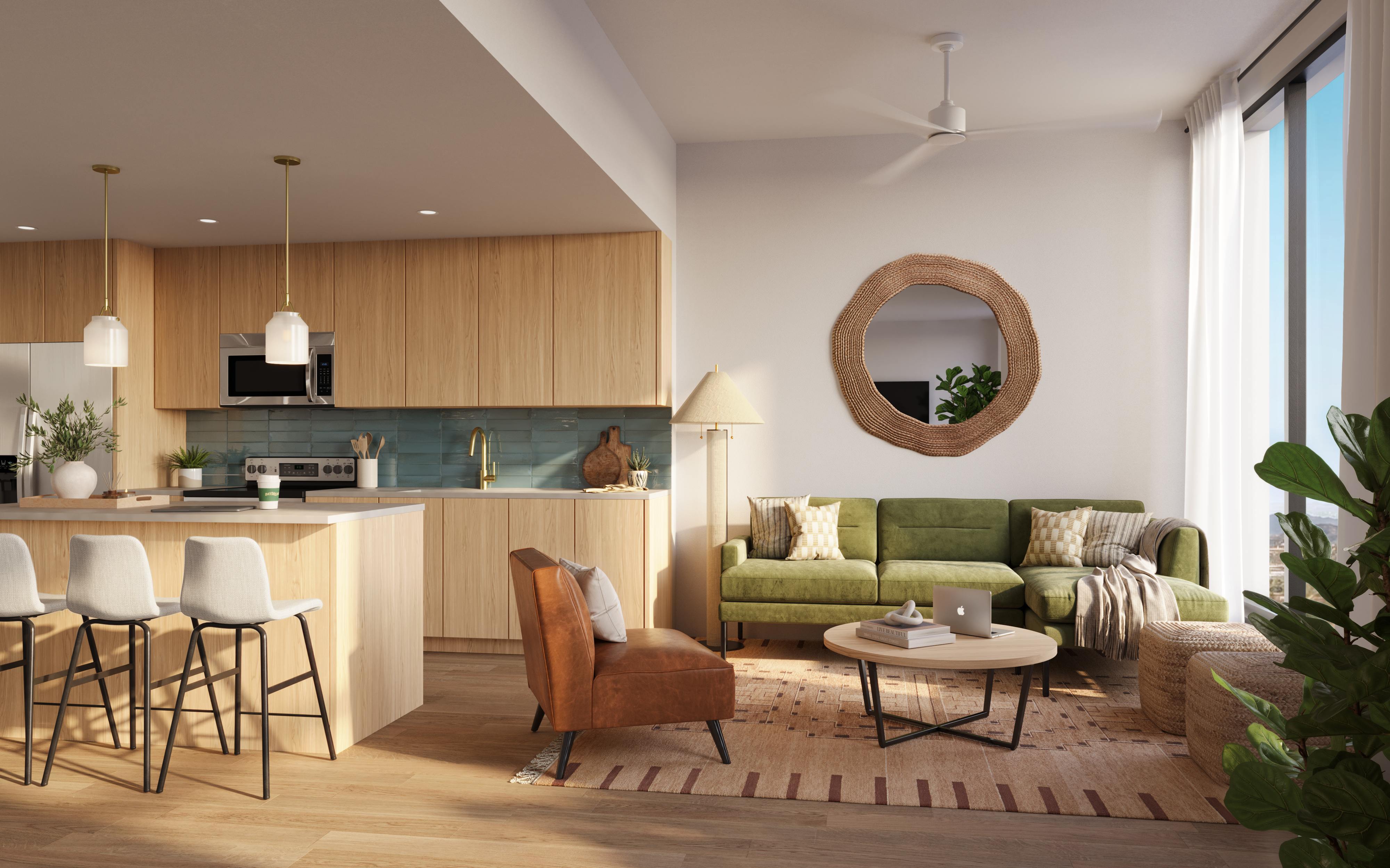 Rambler’s fully furnished kitchens and living spaces come with stainless steel appliances, quartz countertops, and an abundance of natural light.