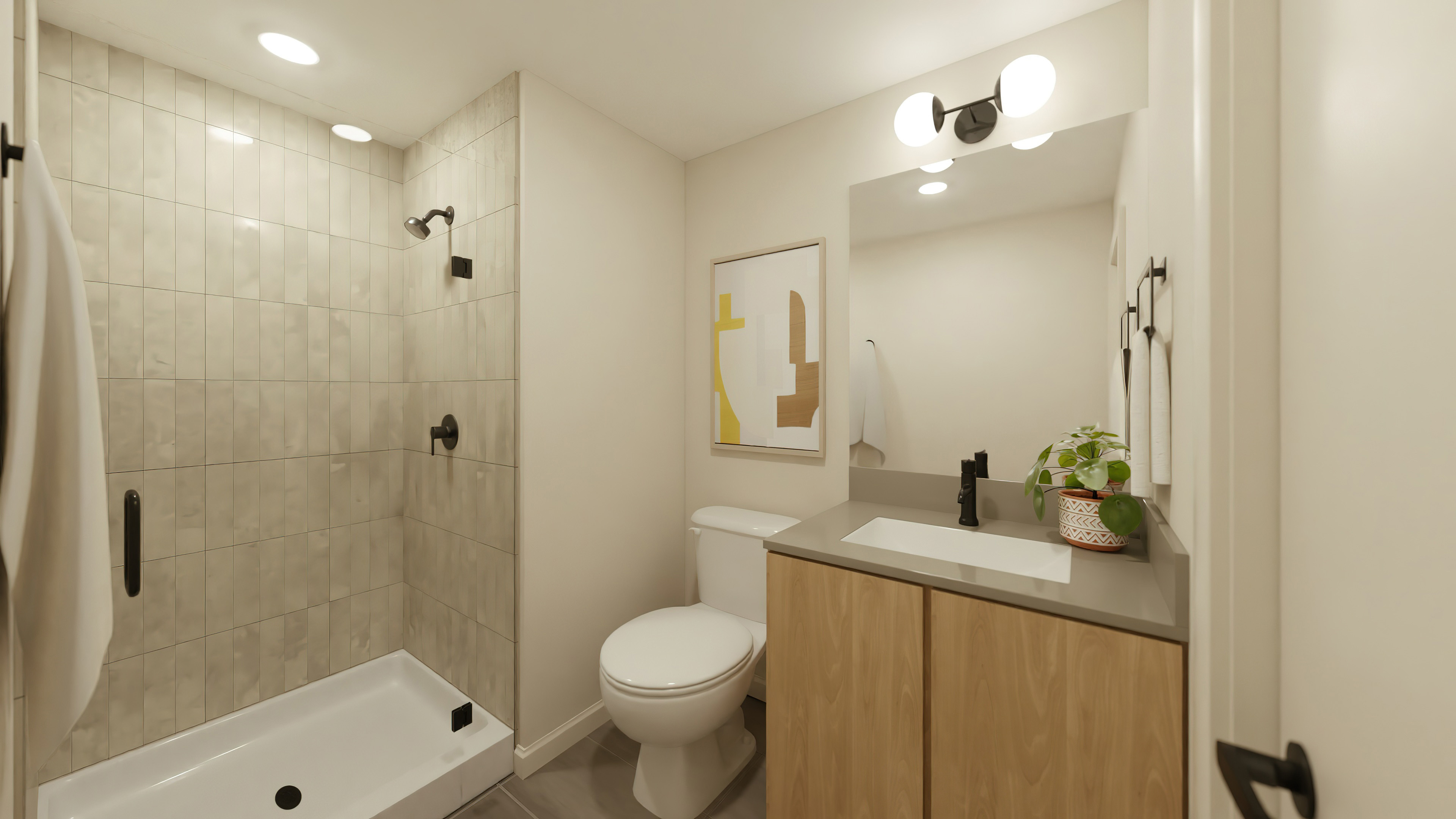 Representative rendering of bathrooms with a stand-up shower at Rambler Tempe.