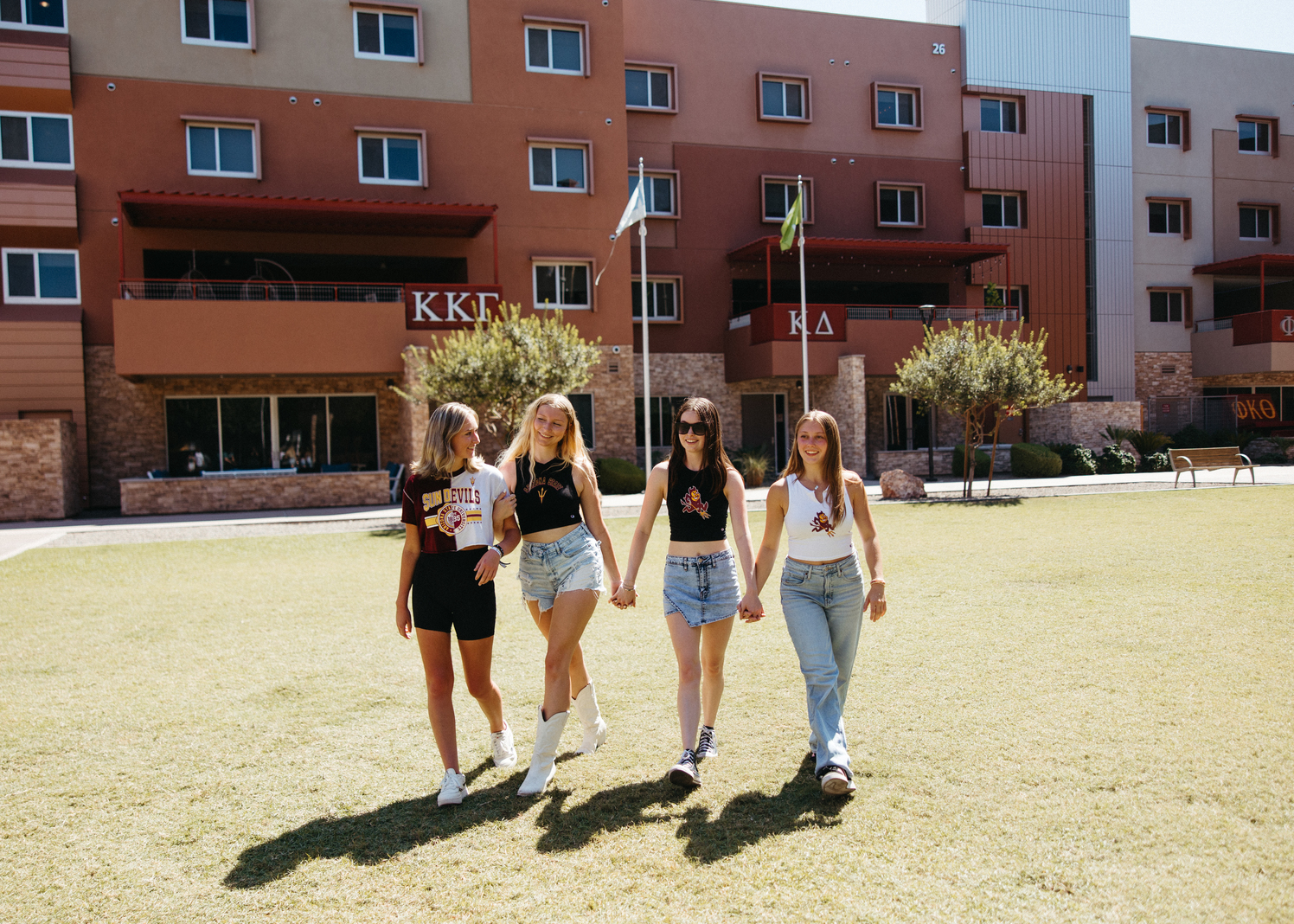 group of ASU students walking around campus in Tempe