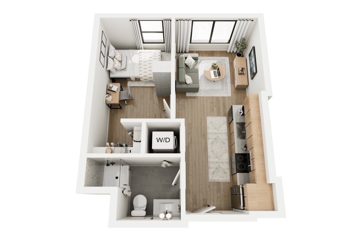 3D floor plan of a modern one-bedroom apartment with an open kitchen and living area, a bathroom, a bedroom, and a washer/dryer unit in a closet near the bathroom.