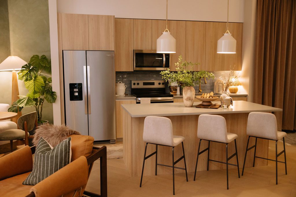 Rambler’s leasing office features a model kitchen, complete with the same finishes and fixtures you can expect in your apartment.