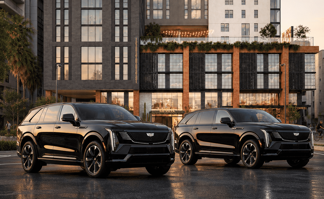 Two black Cadillac SUVs are parked side by side on a wet street in front of a modern, multi-story building with large windows and palm trees, under a partly cloudy sky at sunset.