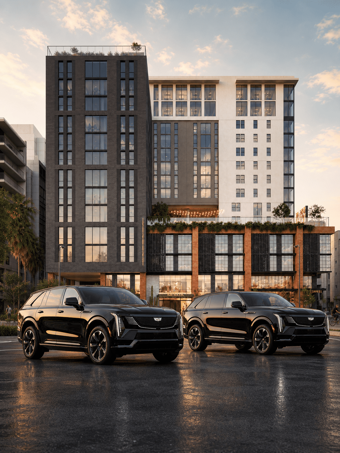 Two black Cadillac SUVs are parked side by side on a wet street in front of a modern, multi-story building with large windows and palm trees, under a partly cloudy sky at sunset.