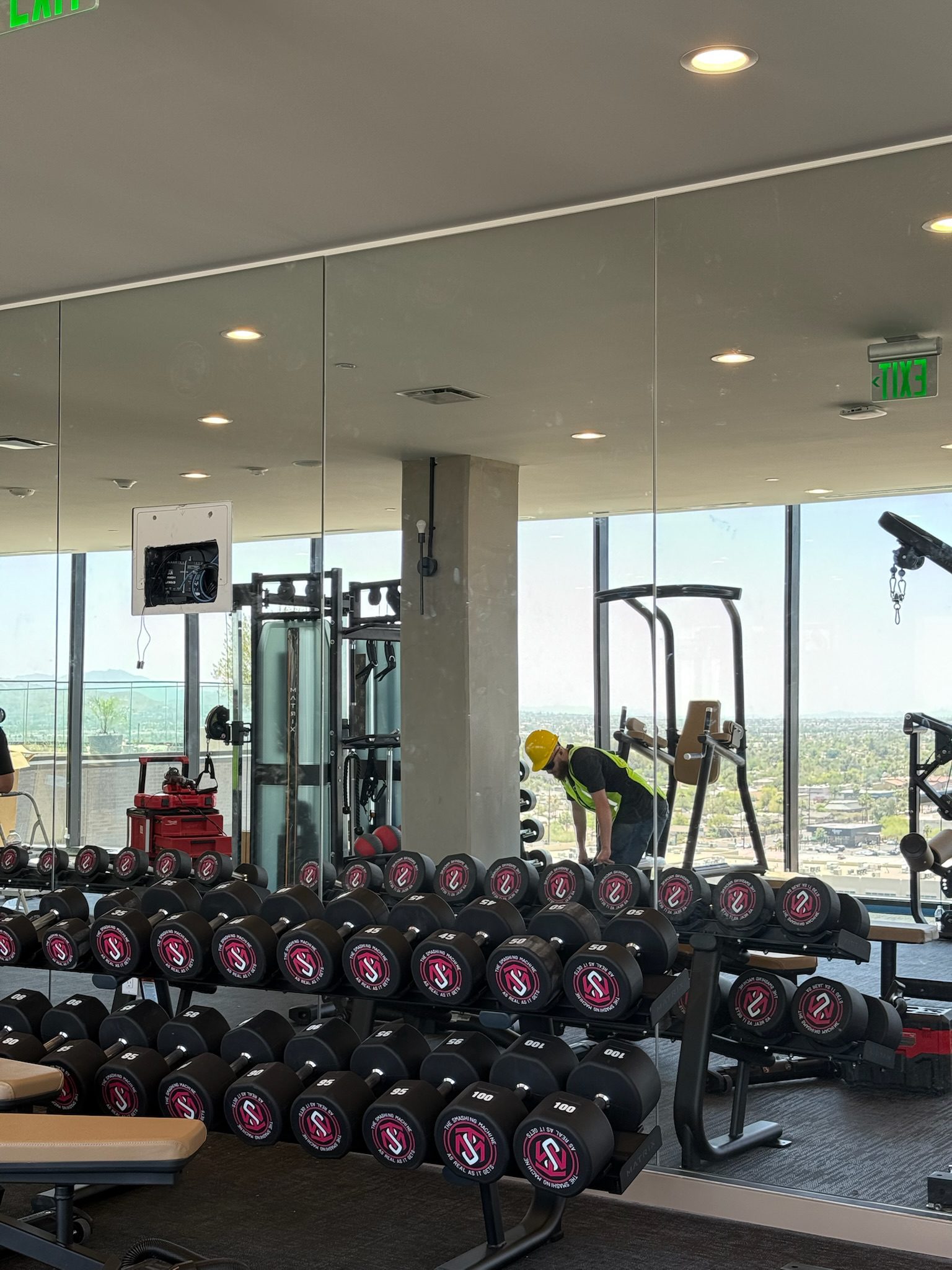 Free weights installed and strength equipment going in on the 14th floor gym.